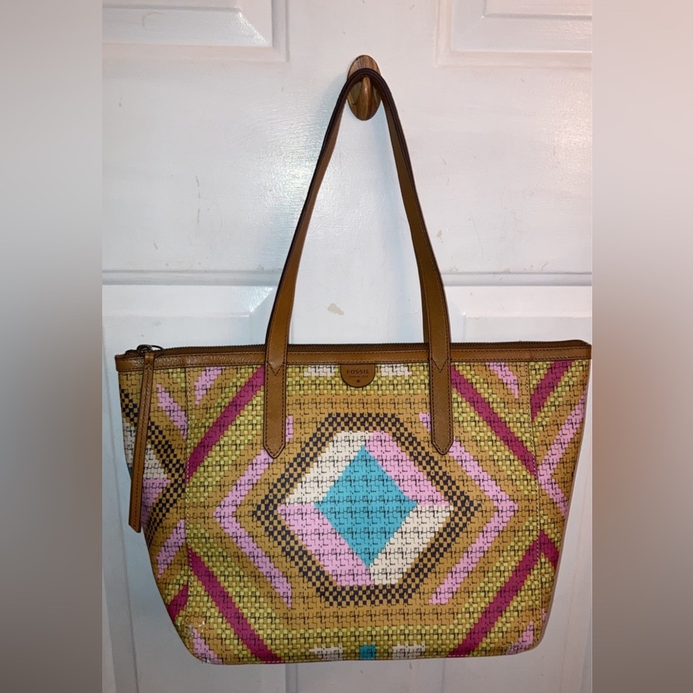 FOSSIL SYDNEY MULTICOLOR COATED CANVAS LARGE TOTE WEEKENDER HANDBAG PURSE